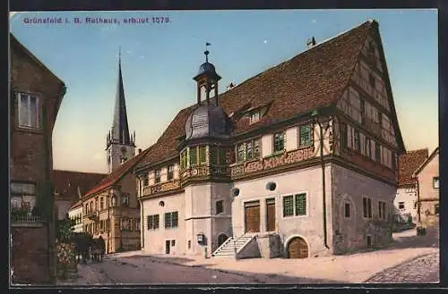 AK Grünsfeld, Ortspartie mit Blick auf Rathaus