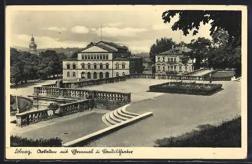 AK Coburg, Arkaden mit Ehrenmal und Landestheater