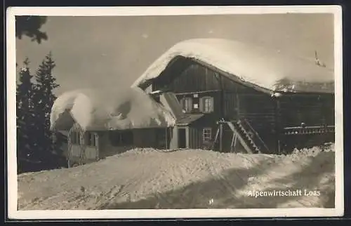 AK Schwaz, Alpen-Gasthaus Loas im Tiefschnee