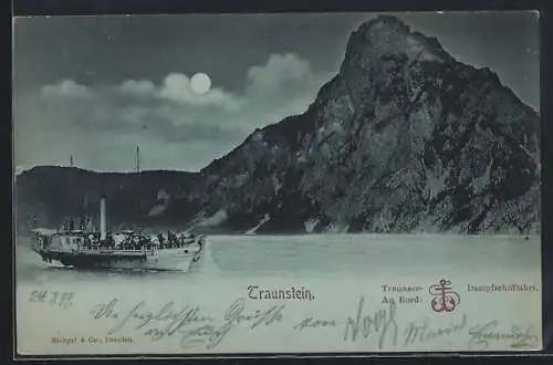 Mondschein-AK Traunstein, Dampfer in Fahrt
