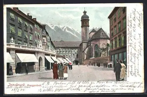 AK Innsbruck, Burggraben, Strassenpartie mit Geschäften u. Turm