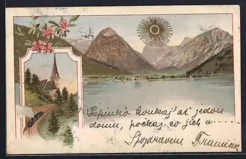 Lithographie Achensee, Kirche mit Eisenbahn, Ortsansicht vom Wasser, mit goldener Sonne