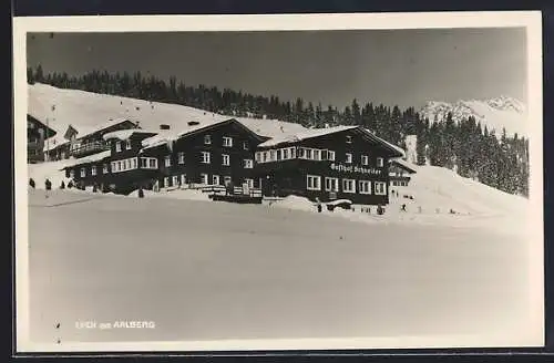 AK Lech am Arlberg, Gasthof Schneider im Winter, Panorama