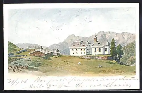 Künstler-AK Stams /Tirol, Stamser Alpe, Panorama mit Kirche