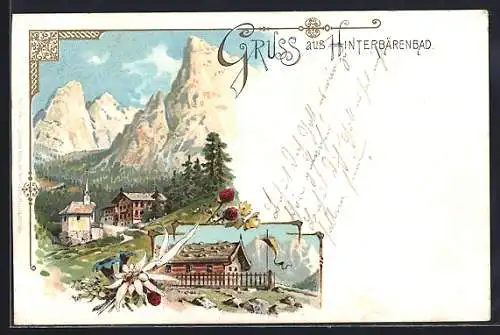 Lithographie Hinterbärenbad, Ortsansicht mit Bergen, Hüttenansicht