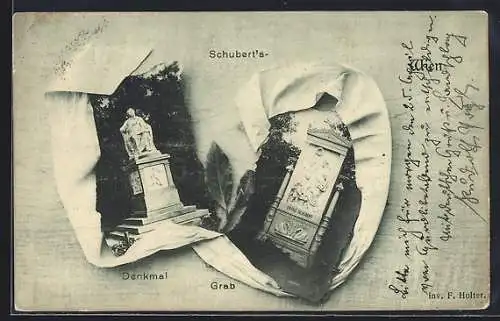 AK Wien, Schuberts Denkmal und Grab, Papierbanderole-Rahmen