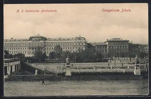 AK Wien, Technische Hochschule u. Evang. Schule, Panorama mit Statuen