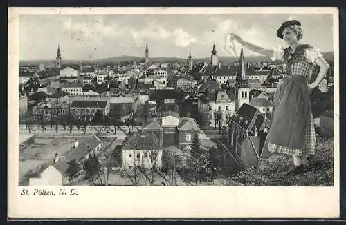 AK St. Pölten /N. D., Totalansicht mit winkendem Trachtenmädchen
