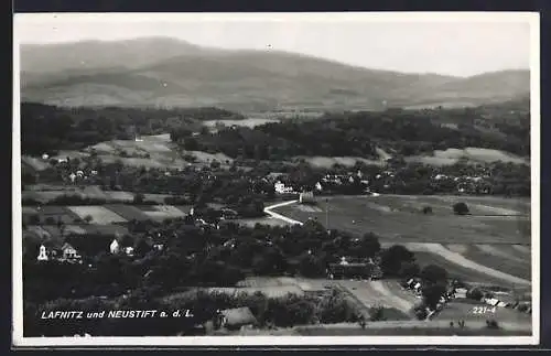 AK Neustift a. d. L., Ortsansicht mit Lafnitz und Bergpanorama aus der Vogelschau