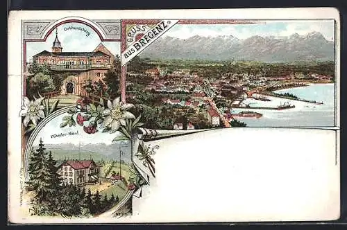 Lithographie Bregenz, Pfänder-Hotel, Gebhardsberg, Totalansicht, Bergblumen
