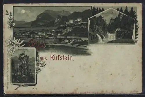 Mondschein-Lithographie Kufstein, Teufelskanzel, Sparchner Mühle, Gesamtansicht