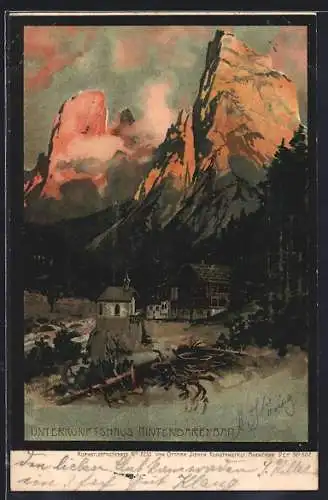 Künstler-AK Zeno Diemer: Hinterbärenbad, Unterkunftshaus im Abendrot