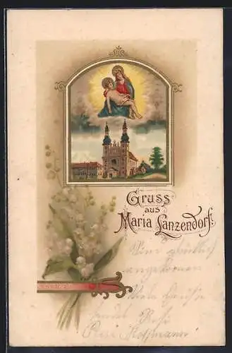 Lithographie Maria Lanzendorf, Kirche und Madonna im Maiglöckchen-Passepartout