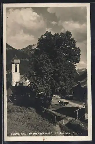 AK Schnepfau i. Bregenzerwald, Ortspartie mit Kirche und Kutsche