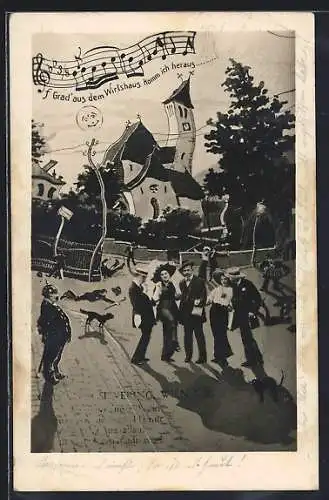 AK Wien, Sievering, Strasse und Kirche aus der Sicht eines Betrunkenen