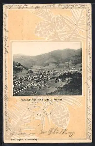AK Mürzzuschlag, Ortsansicht mit Schnee- und Raxalpe, Tannenzweig-Passepartout