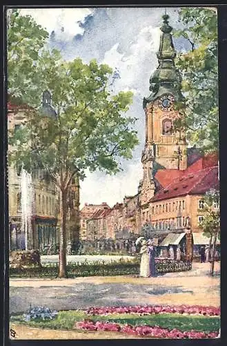 Künstler-AK Graz, Bismarckplatz und Herrengasse
