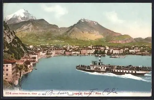 AK Riva /Lago di Garda, Ortsansicht mit See und Dampfer