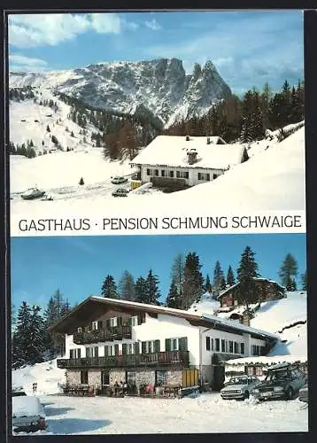 AK Kastelruth /Tirol, Pension Schmung-Schwaige im Schnee