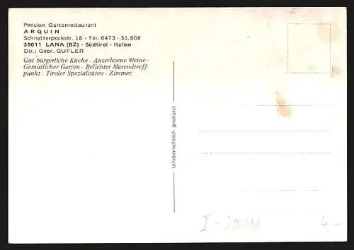 AK Lana /Bz., Gasthof Restaurant Arquin, Schnatterpeckstrasse 18, Dir. Gebr. Gufler