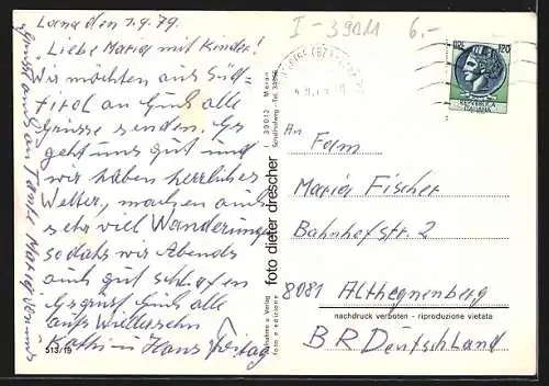 AK Lana bei Meran, Kulturhaus Raiffeisen, Brunnen und Totalansicht