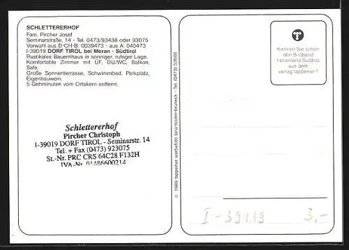 AK Dorf Tirol bei Meran, Pension Schlettererhof, Fam. Pircher Josef, Seminarstrasse 14