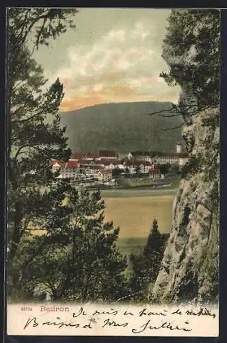 AK Beuron, Ortsansicht zwischen Baum und Felsen