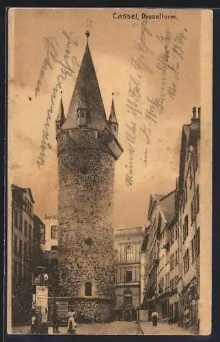 AK Cassel, Druselturm mit Passanten