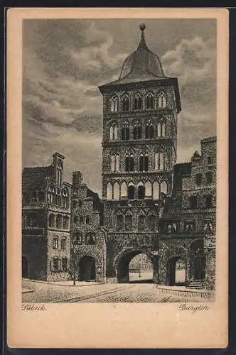 AK Lübeck, Burgtor mit Strassenpartie