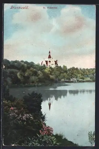 AK Berlin-Grunewald, St. Hubertus mit Seepartie