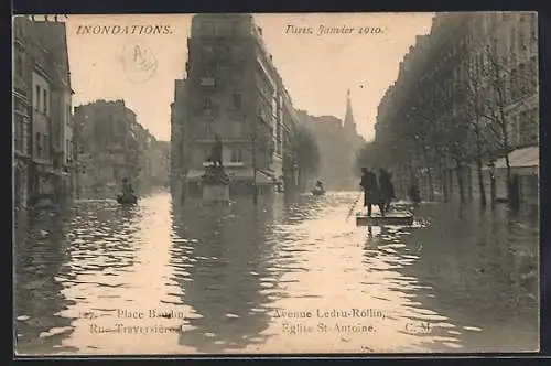 AK Paris, Inondations de janvier 1910, Place Baudoyer et Avenue Ledru-Rollin sous l`eau