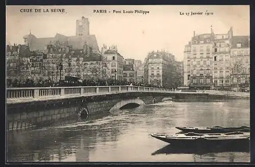 AK Paris, Crue de la Seine 1910, Pont Louis-Philippe inondé et bâtiments environnants