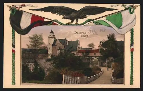 AK Glauchau, Schloss bei Abendstimmung, Fahnen