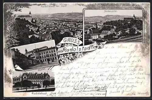 Lithographie Rudolstadt, Ortsansicht vom Hain, Markt, Rudolsbad