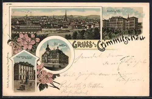 Lithographie Crimmitschau, Kaiser Wilhelm-Denkmal mit Kaufhalle, Knabenschule, Rathaus