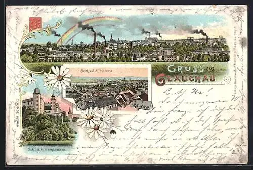 Lithographie Glauchau, Schloss Hinterglauchau, Blick von der Auestrasse auf die Stadt, Ortspanorama