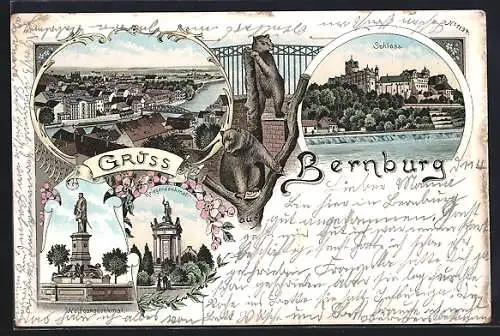 Lithographie Bernburg, Schloss, Wolfgangdenkmal, Bären im Gehege