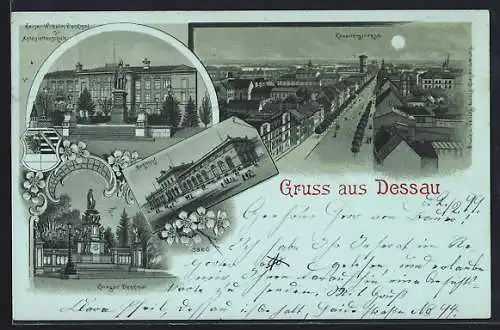 Lithographie Dessau, Bahnhof, Kavalierstrasse, Kaiser Wilhelm-Denkmal und Antoniettenschule
