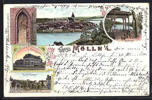 Lithographie Mölln i. L., Hotel Kurhaus, Krieger-Denkmal, Eulenspiegel-Denkstein