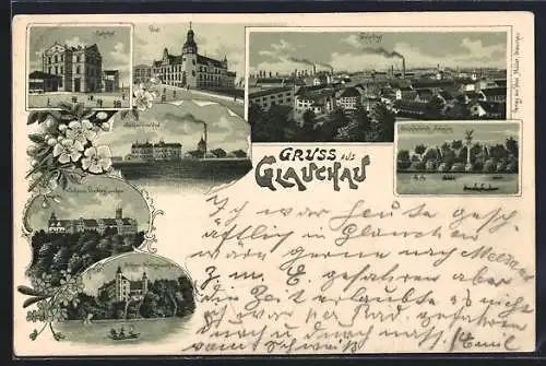 Lithographie Glauchau, Wehrdigt, Bahnhof, Post, Schloss Vorderglauchau, Schloss Hinterglauchau