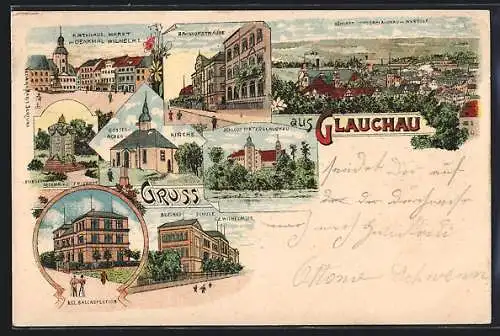 Lithographie Glauchau, Totalansicht mit Bahnhofstrasse