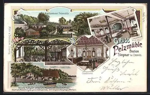 Lithographie Chemnitz-Siegmar, Gasthaus Pelzmühle, Saal, Konditorei, Garten mit Affenhaus, Boote