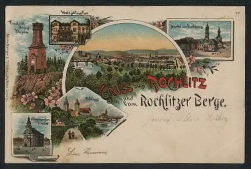 Lithographie Rochlitz, Rochlitzer Berg, Waldschlösschen, Friedrich August Turm, Markt mit Rathaus, Schloss, Kirche