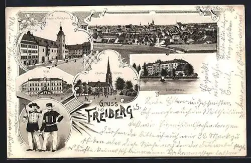 Lithographie Freiberg i. S., Jacobi-Kirche, Justizgebäude, Post