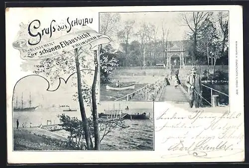 AK Schulau, Etablissement Zur schönen Elbaussicht, Inh.: P. Heinsohn, Elbe mit Schiffen