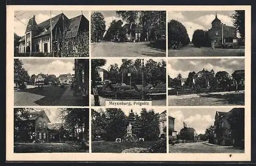 AK Meyenburg / Prignitz, Ortspartie mit Wohnhäusern, Denkmal