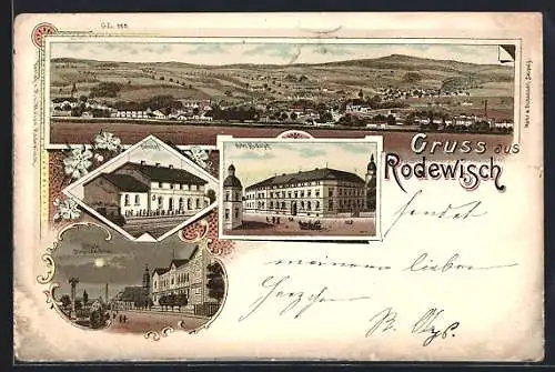Lithographie Rodewisch, Hotel Rudolph, Schule und Bahnhof
