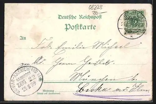 Lithographie Rodewisch, Hotel Rudolph, Schule und Bahnhof