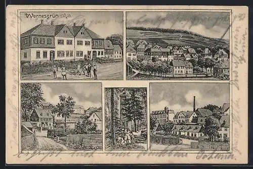 AK Wernesgrün i. Vgtld., Aussichtsturm, Strassenpartie und Ortsansichten
