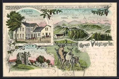 Künstler-AK Voigtsgrün / Zwickau, A. Gündels Gasthof, Zum Jägerhorn